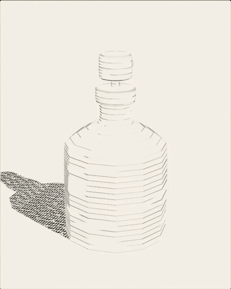 An engraved still of the model: the proof flacon with an atomiser head, drawn in hatched lines on parchment.