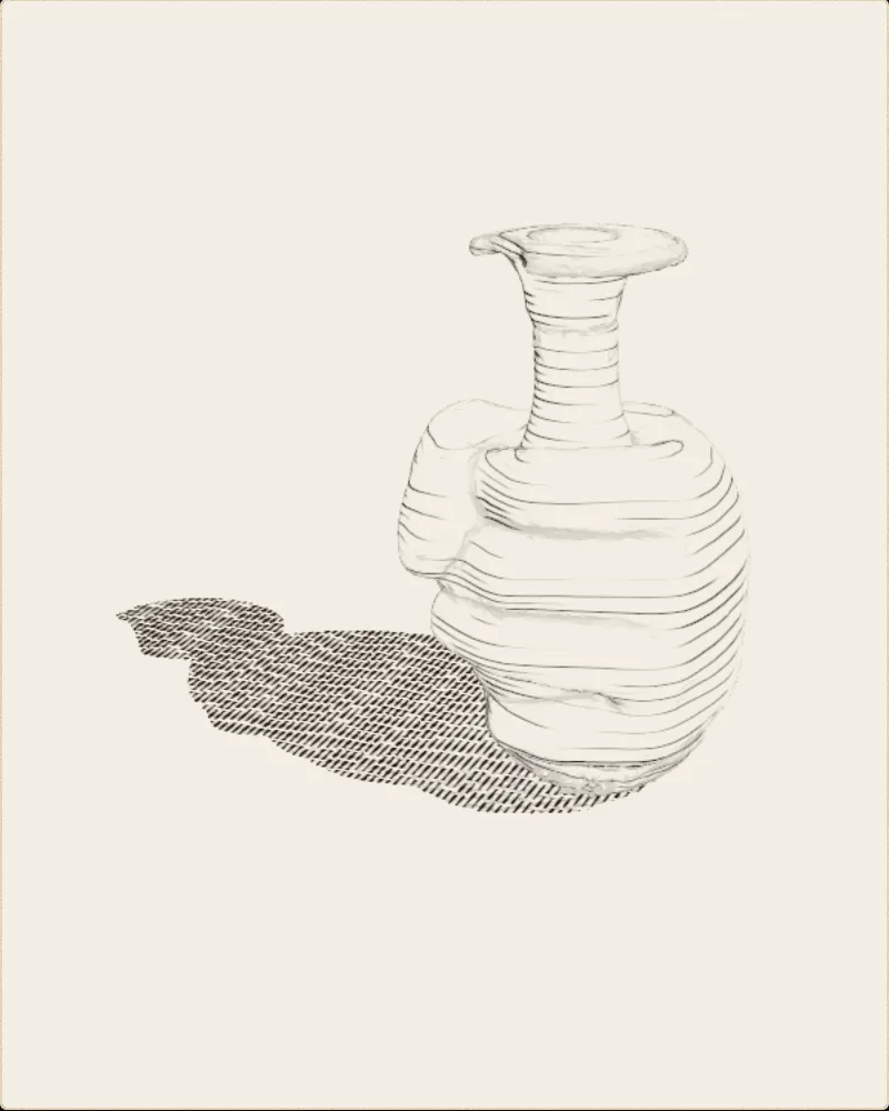 An engraved still of the museum’s 3D scan: “Greek, hand-vase clasping a lekythos” (HCM 233), drawn in hatched lines on parchment.