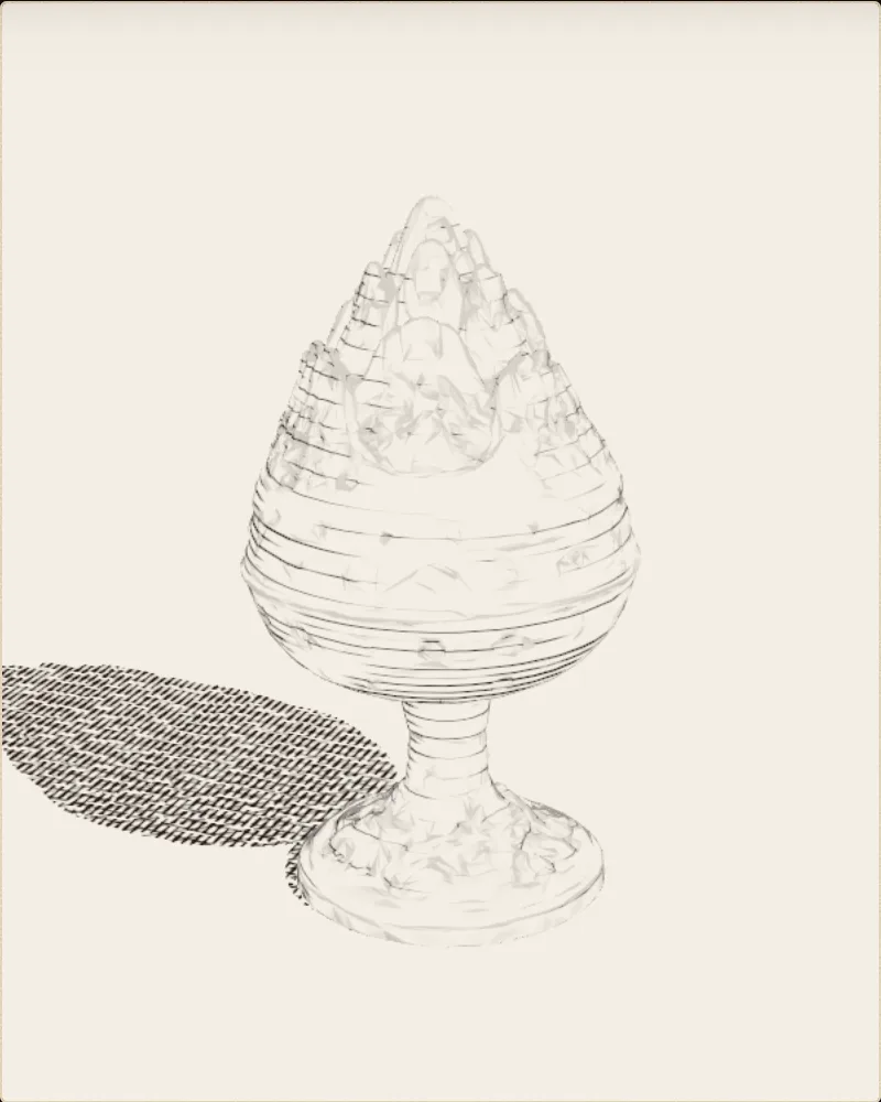An engraved still of the model: a Han-dynasty incense burner, drawn in hatched lines on parchment.