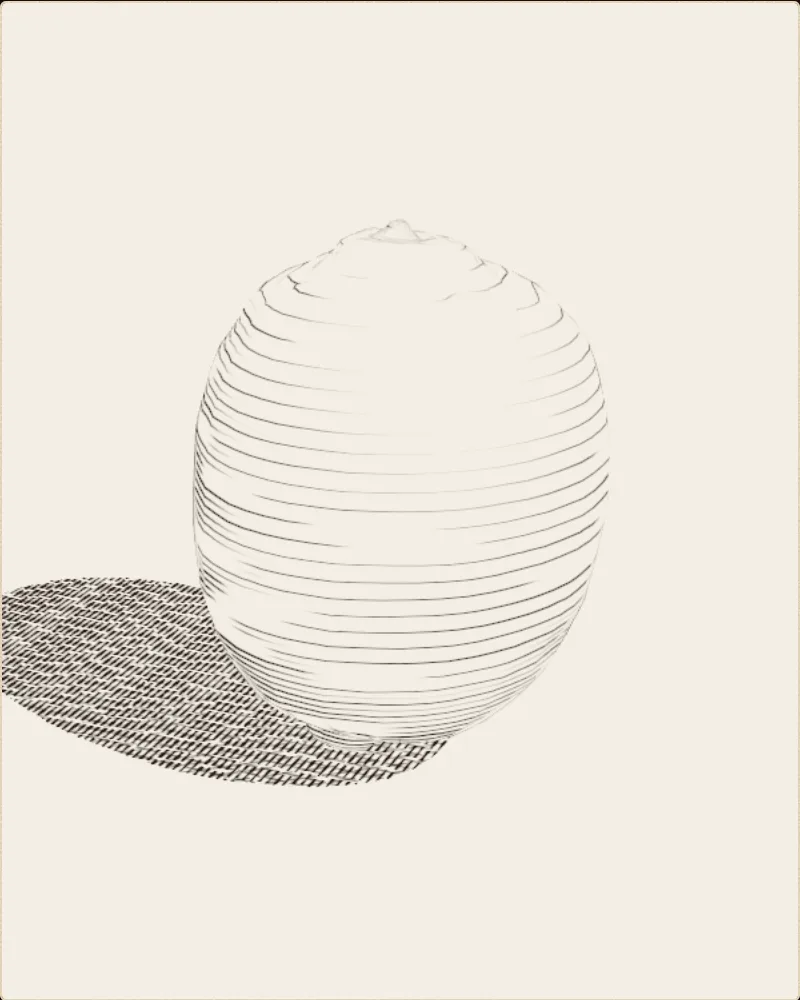 An engraved still of the model: a lemon, standing in for the bergamot, drawn in hatched lines on parchment.