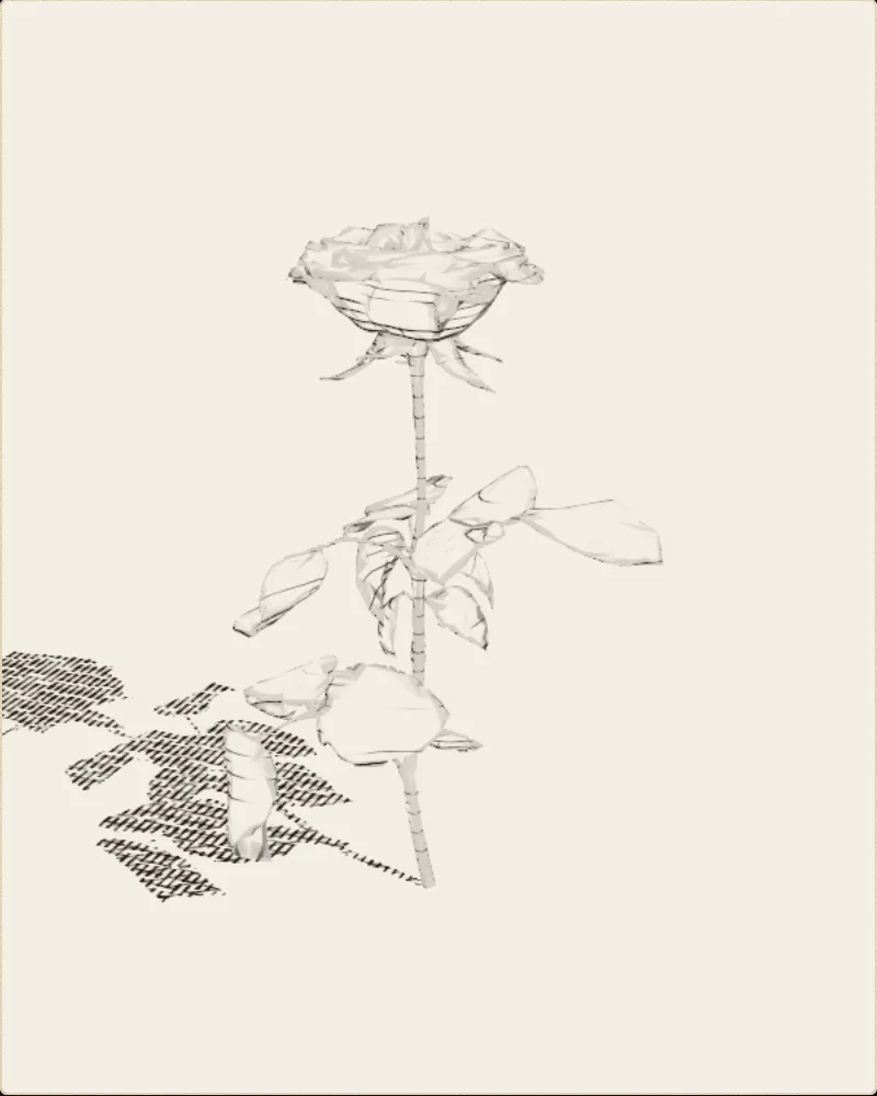 An engraved still of the model: a red rose, drawn in hatched lines on parchment.
