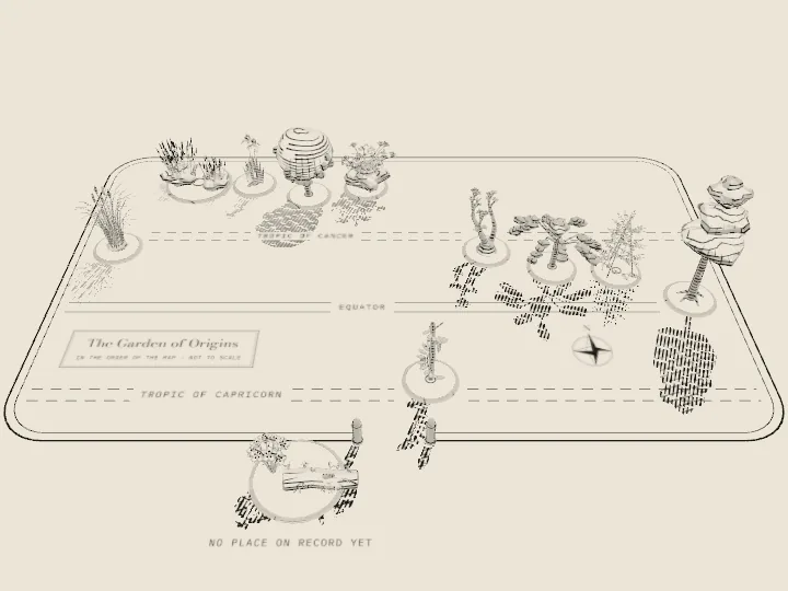 The Garden of Origins, engraved: thirteen plants in low beds inside a kerb, the paths of the Tropics and the Equator across it, two plants outside the gate. Each number on the picture is a link to that plant’s trail.