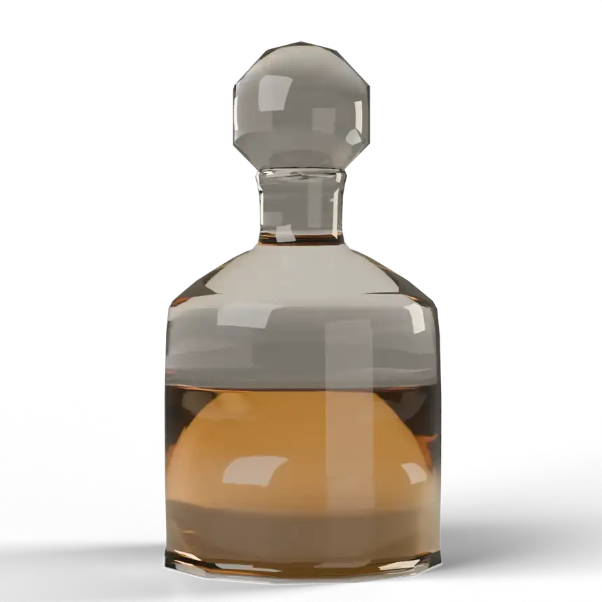 The house’s proof flacon: a cut-glass study bottle with a faceted stopper, rendered in-house.